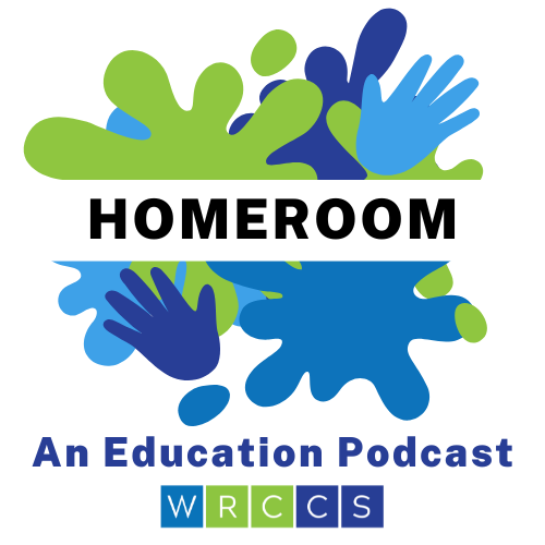 The logo for the Homeroom podcast; a series of dark blue, light blue, and green splatters with the word
